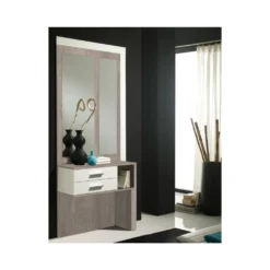 Meuble D'entrĂ©e Blanc/ChĂȘne Clair + Miroirs - MOKENE