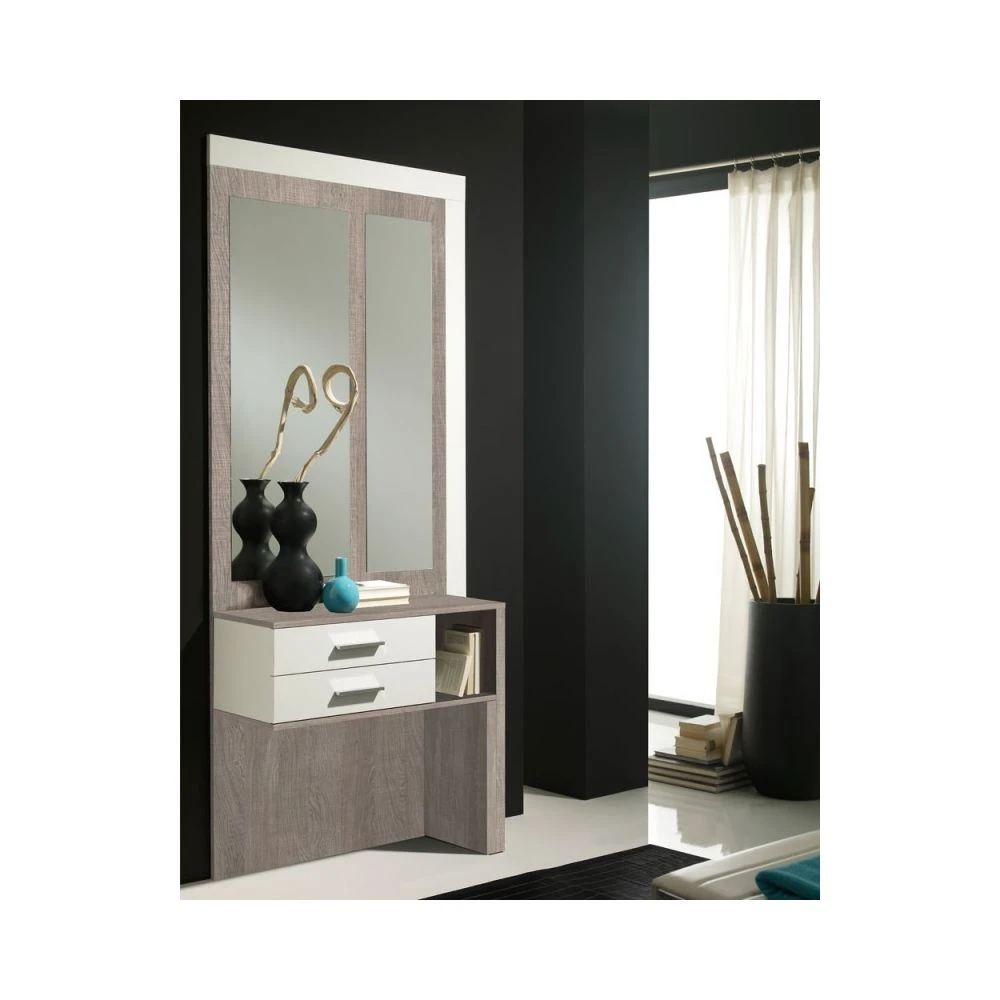 Meuble D'entrée Blanc/Chêne Clair + Miroirs - MOKENE