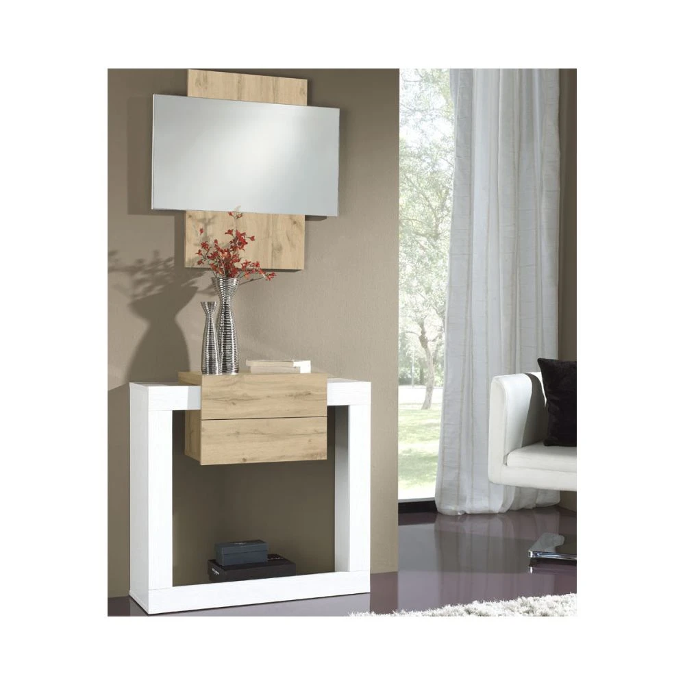 Meuble D'entrée Bois Blanc/Chêne Blond + Miroir - NEEMA