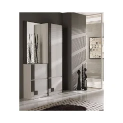 Meuble D'entrée Blanc/Bois Noir + Armoire + Miroir - SLIMAN