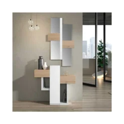 Meuble D'entrĂ©e ChĂȘne Blond/Bois Blanc + Miroir - LIAR