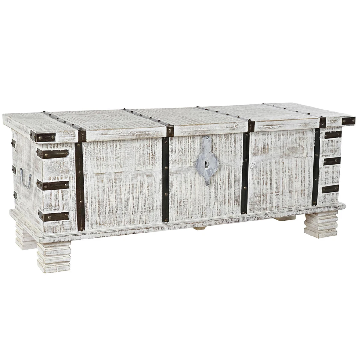 Coffre En Bois De Manguier Coloris Blanc Et Métal Noir - Longueur 116... 1 Coffre En Bois De Manguier Coloris Blanc Et Métal Noir - Longueur 116...