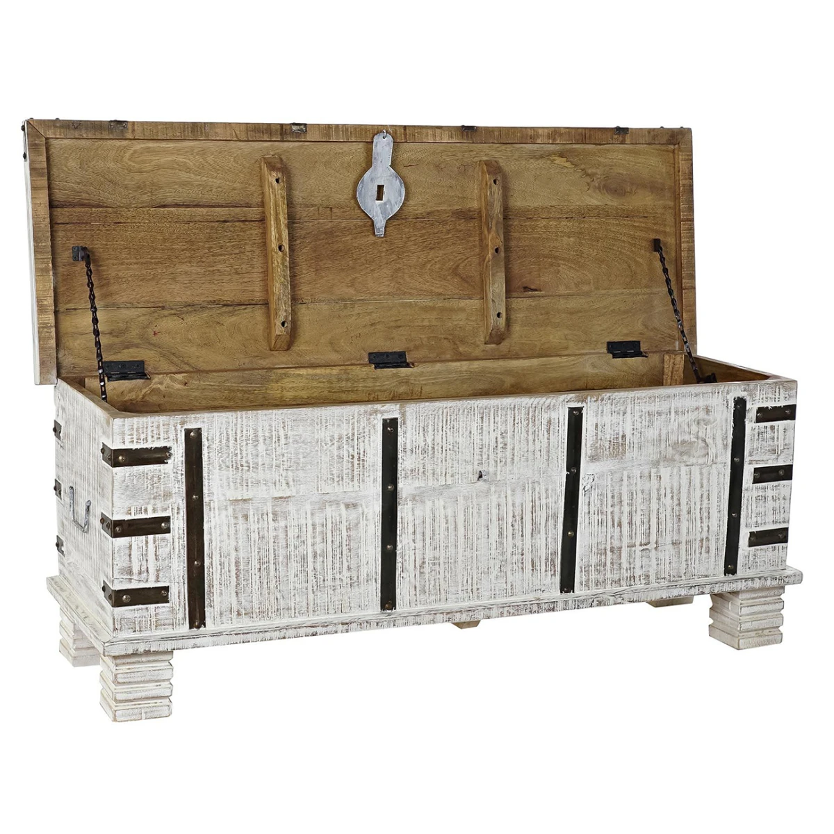 Coffre En Bois De Manguier Coloris Blanc Et Métal Noir - Longueur 116... 2 Coffre En Bois De Manguier Coloris Blanc Et Métal Noir - Longueur 116... – Image 2