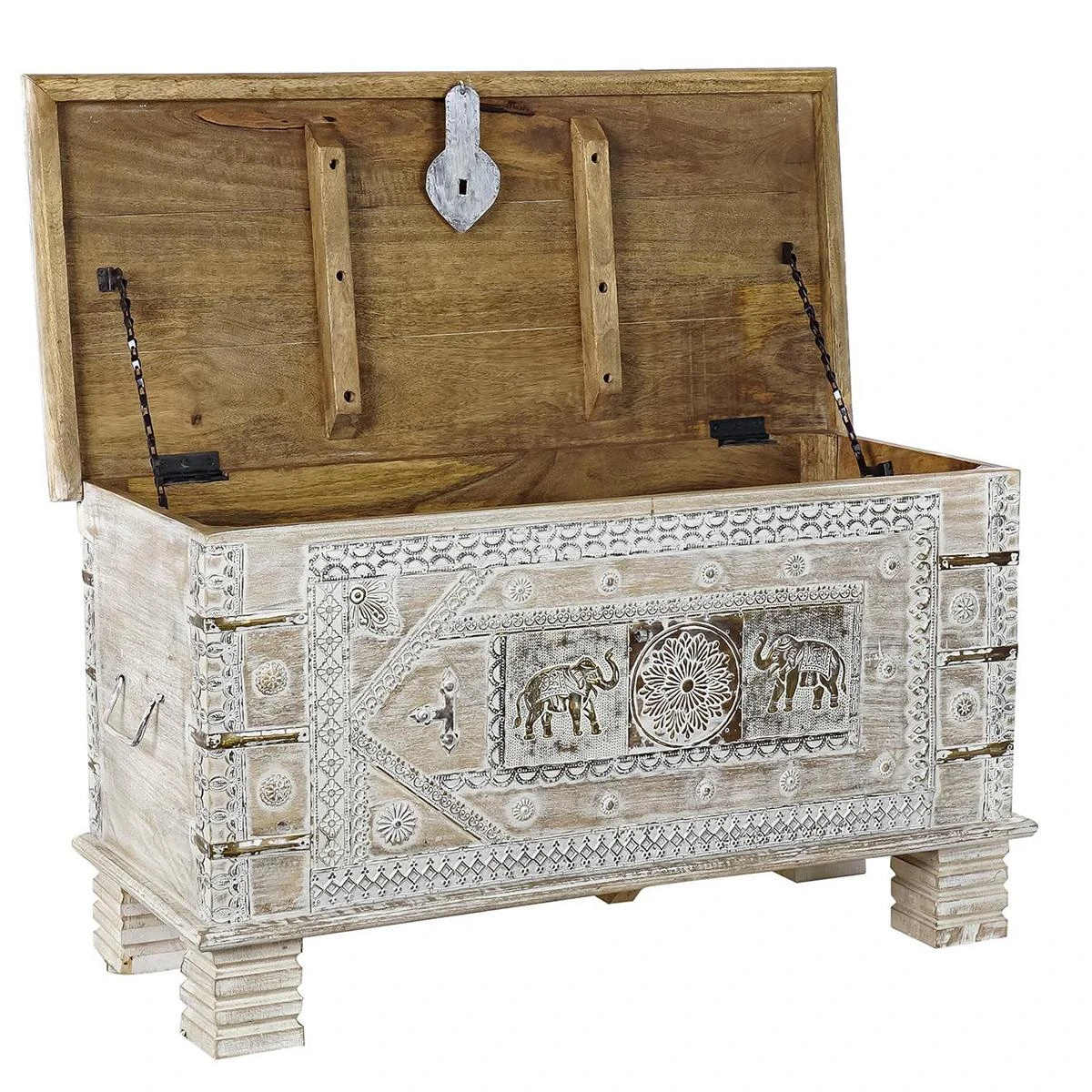 Coffre En Bois De Manguier Coloris Blanc Vieilli Et Laiton - Longueur ... – Image 2