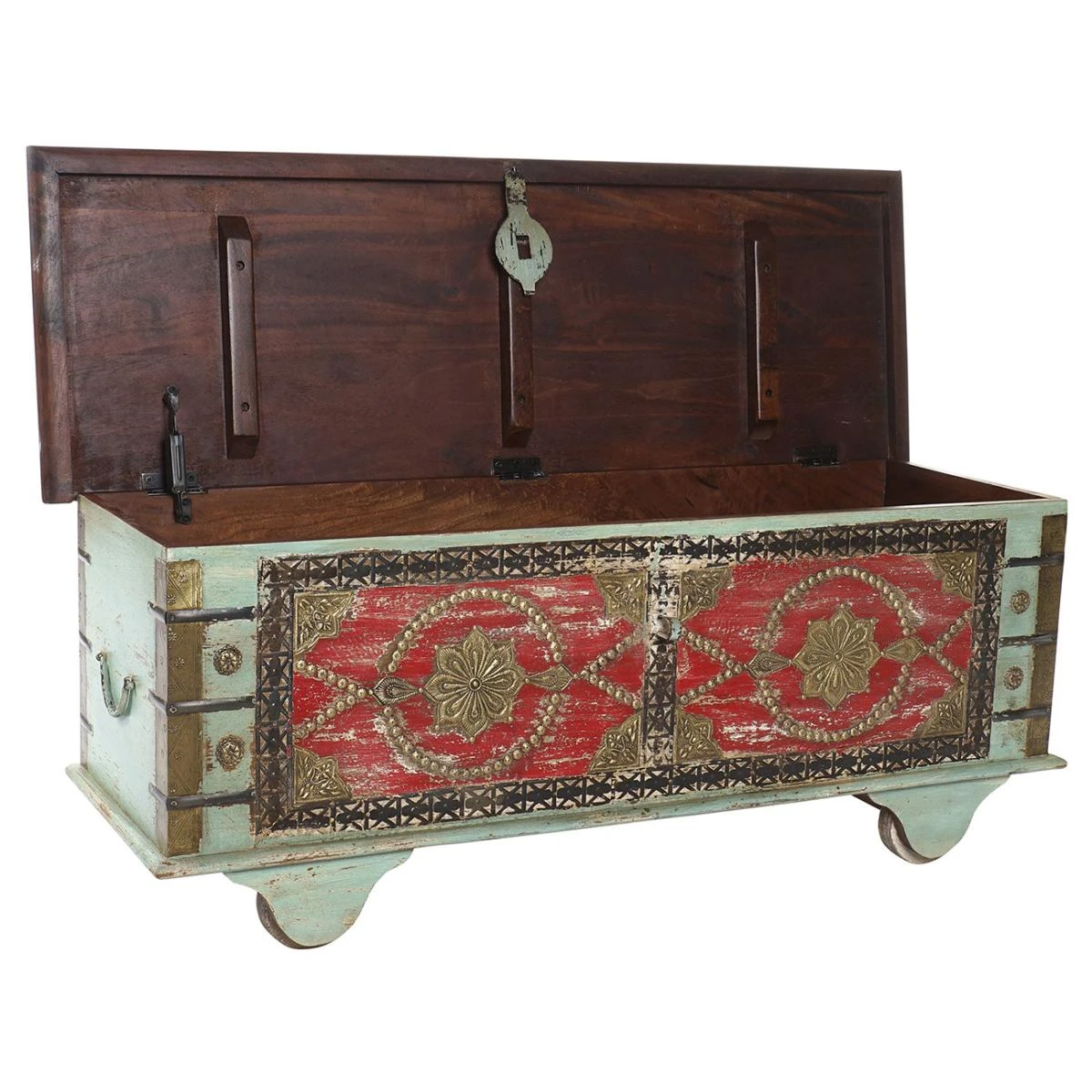 Coffre En Bois Et Laiton Multicolore - Longueur 116 X Profondeur 40 X ... 2 Coffre En Bois Et Laiton Multicolore - Longueur 116 X Profondeur 40 X ... – Image 2