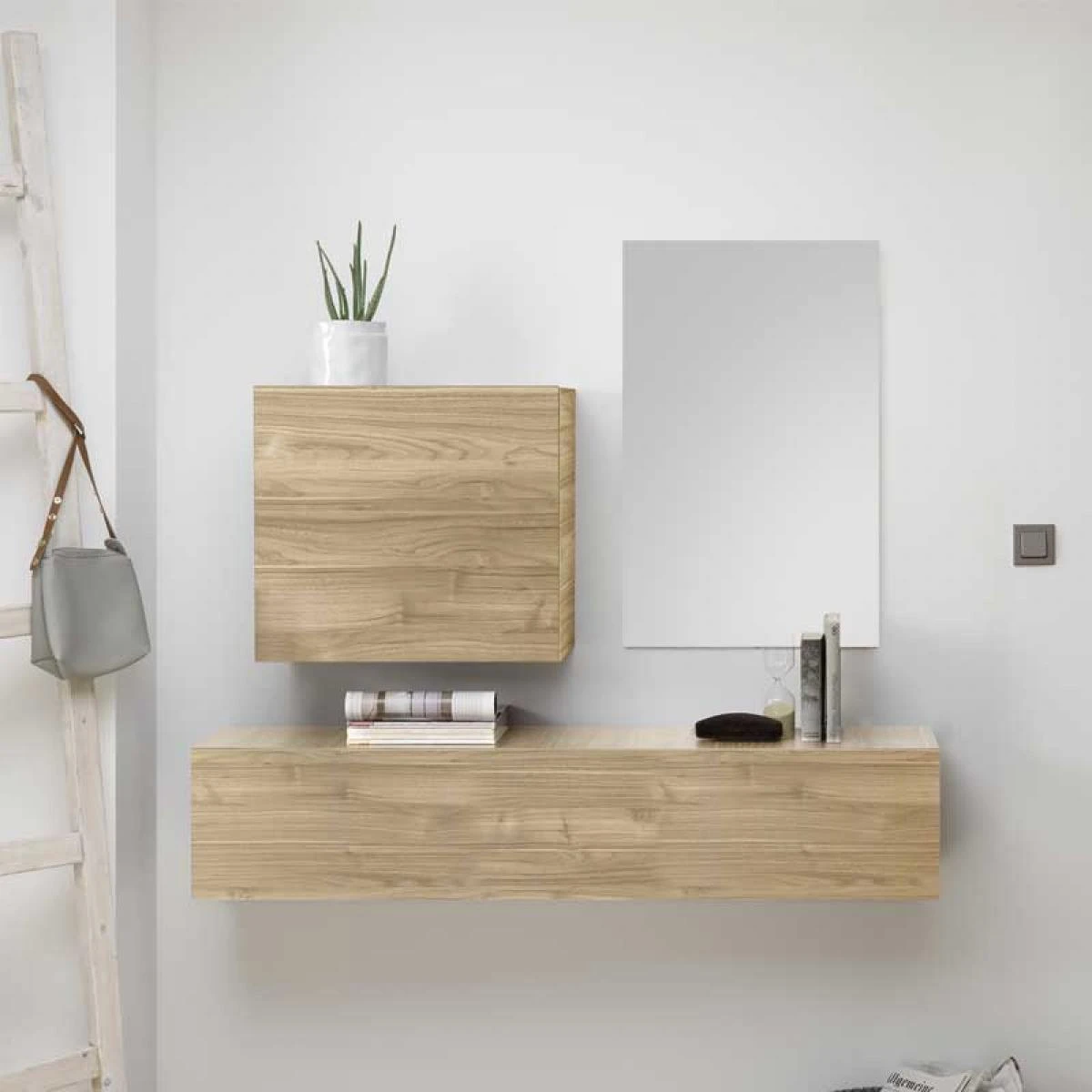 Duo De Meubles D'entrée Bois Clair + Miroir - SCOPELLO 1 Duo De Meubles D'entrée Bois Clair + Miroir - SCOPELLO