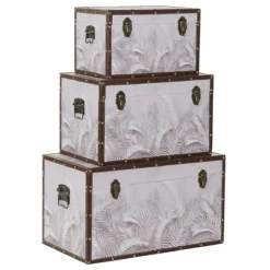 Ensemble De 3 Coffres En MDF Et Toile Coloris Gris Motif Tropical