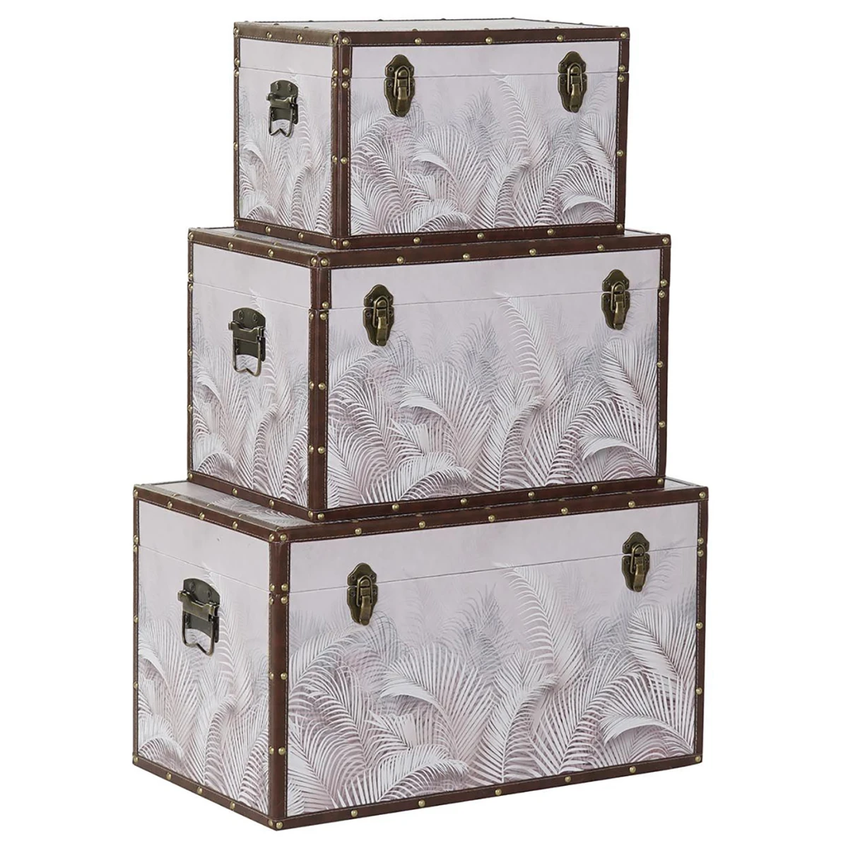 Ensemble De 3 Coffres En MDF Et Toile Coloris Gris Motif Tropical