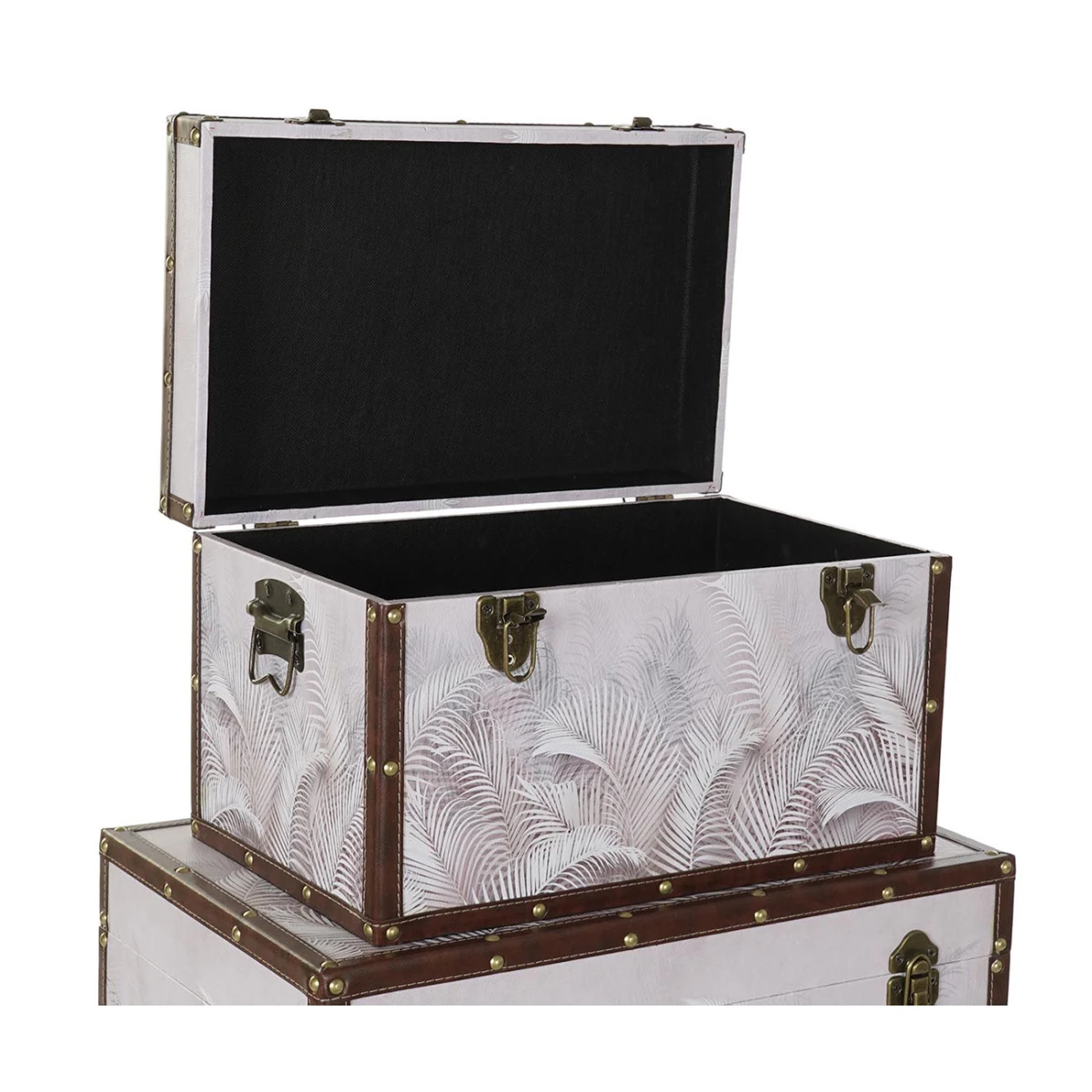 Ensemble De 3 Coffres En MDF Et Toile Coloris Gris Motif Tropical – Image 2