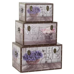 Ensemble De 3 Coffres En MDF Et Toile Coloris Gris Motif Vélo