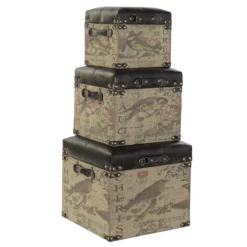 Ensemble De 3 Coffres / Poufs En Bois Et Lin Coloris Marron Motif Oise...