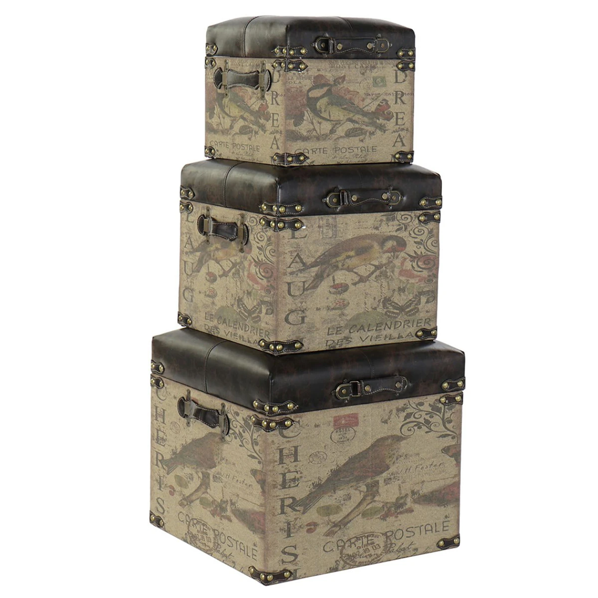 Ensemble De 3 Coffres / Poufs En Bois Et Lin Coloris Marron Motif Oise...