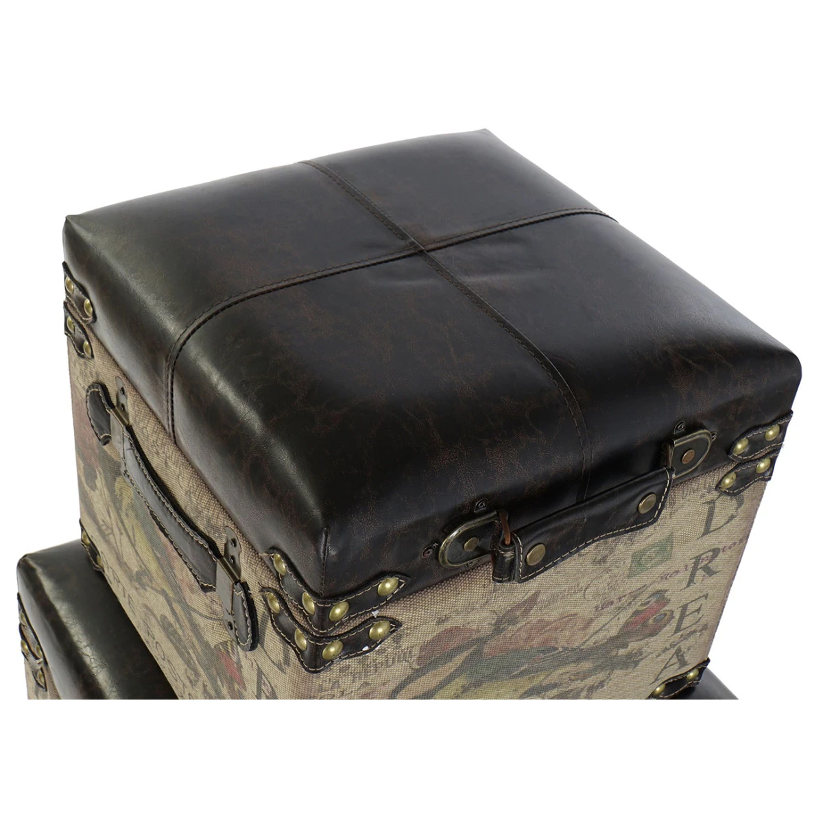 Ensemble De 3 Coffres / Poufs En Bois Et Lin Coloris Marron Motif Oise... – Image 3