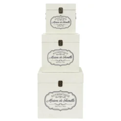 INGA - Lot De 3 Malles Cubes Tissu Blanc Motif Authentique