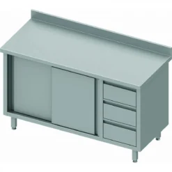 Meuble Bas Inox Avec Dosseret - Porte Coulissante à Gauche & 3 Tiroir...