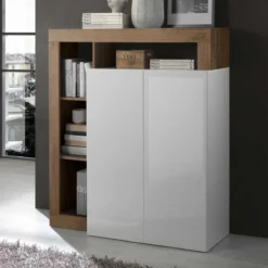 Meuble D'entrée 2 Portes Blanc Laqué Brillant/Chêne Noisette - ISCH...