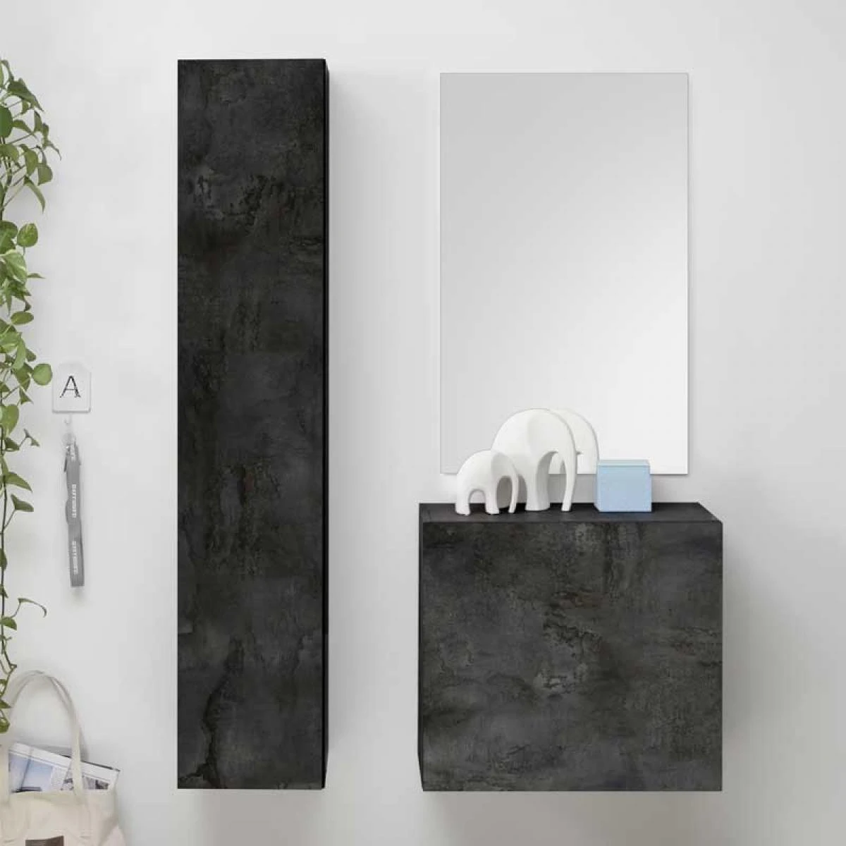 Meuble D'entrée + Colonne Béton Ciré Foncé + Miroir - SCOPELLO