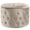 Pouf Coffre Rond Salvina En Velours Capitonné Taupe