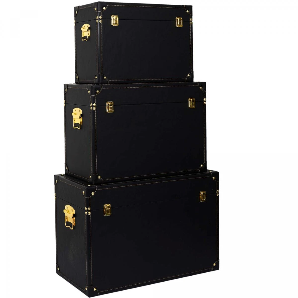 Set De 3 Malles Décoratives Noires Et Dorées.