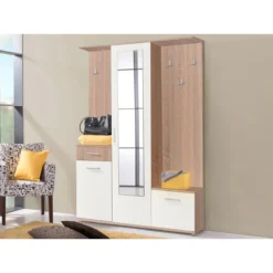 Vestiaire Avec 3 Portes, 1 Tiroir Et 1 Miroir - Naturel Et Blanc - CAM...